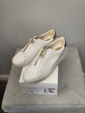 Michael Kors Kraton White Slip-On‎ Sneakers with Gold Heel and Zip Charm, Sz 6